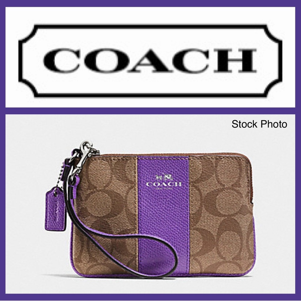 Coach Wristlet w hang tag and care card purple and tan zip wristlet corner zip